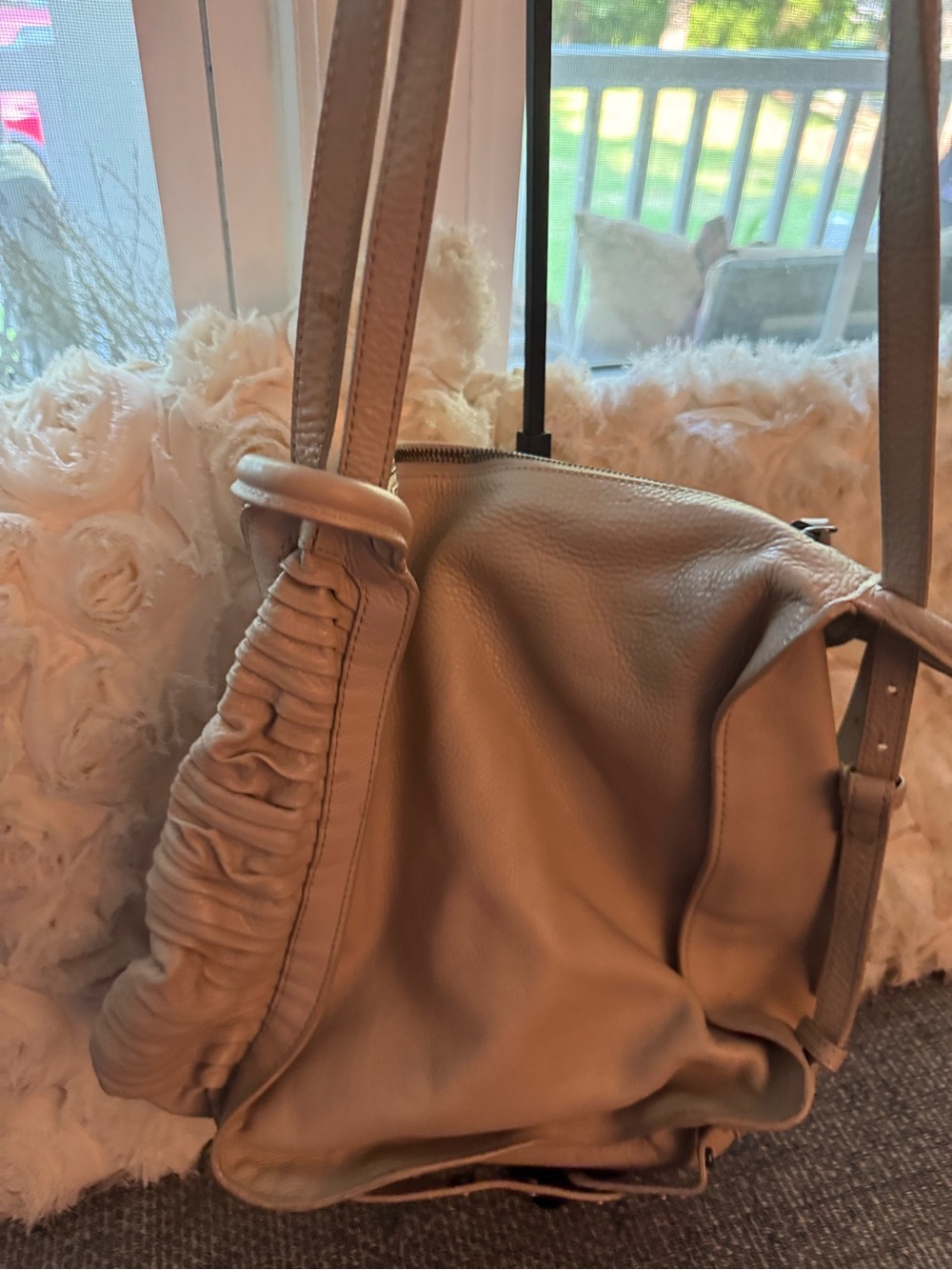 Kooba Soft Pebbled Leather Crossbody Shoulder Bag Taupe Beige Slouch Hobo